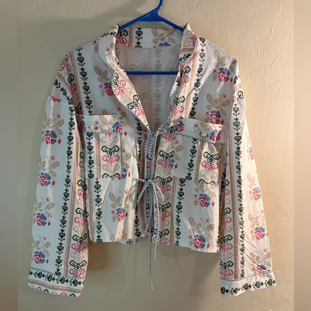 Floral Embroidered Cropped Jacket - Pink & Green on Ivory